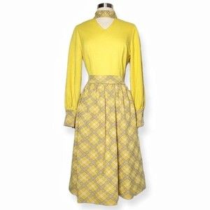 Vintage 60s 70s Midi Length Dress Neck Cutout Bright Yellow Plaid S
